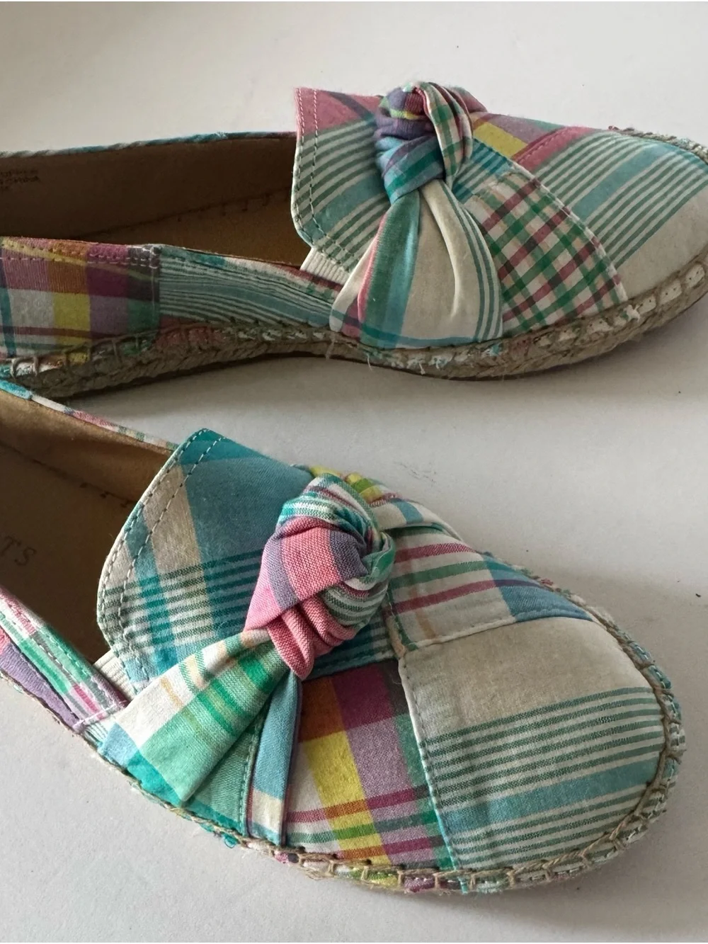 Talbots Women’s 7 Plaid knot Espadrille Flats Teal Pink Slip On Shoes Classic